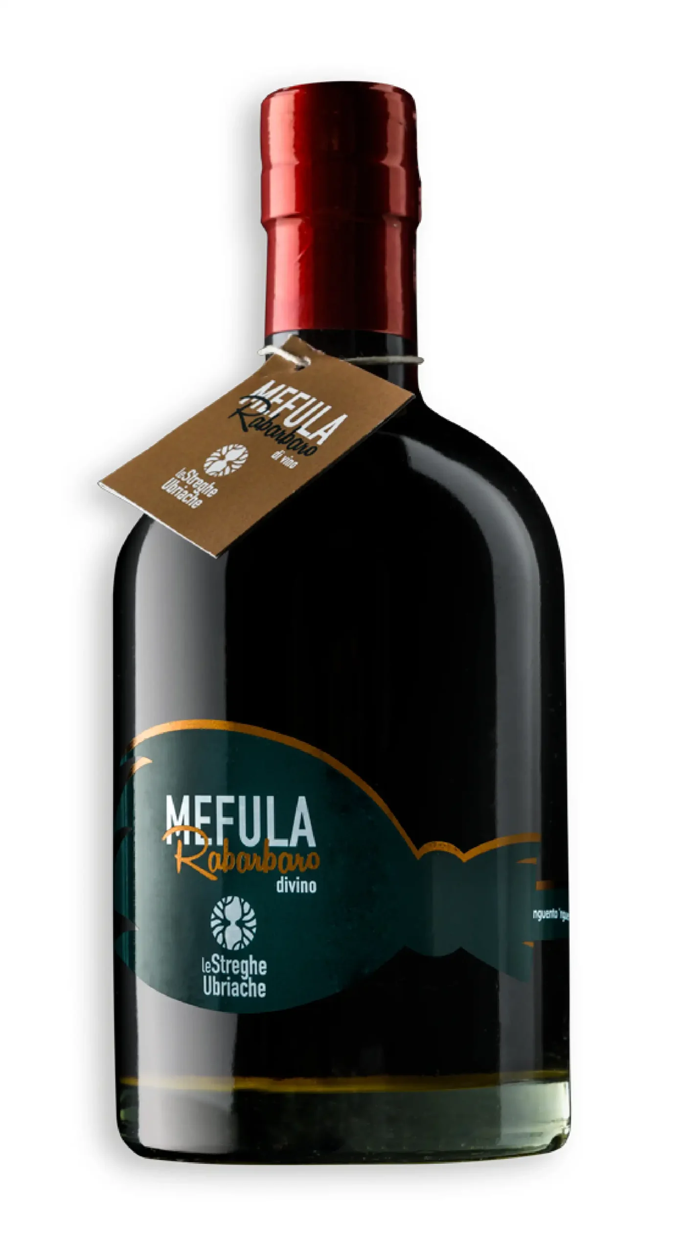 packaging della bottiglia di liquore di rabarbaro di vino del brand le streghe ubriache