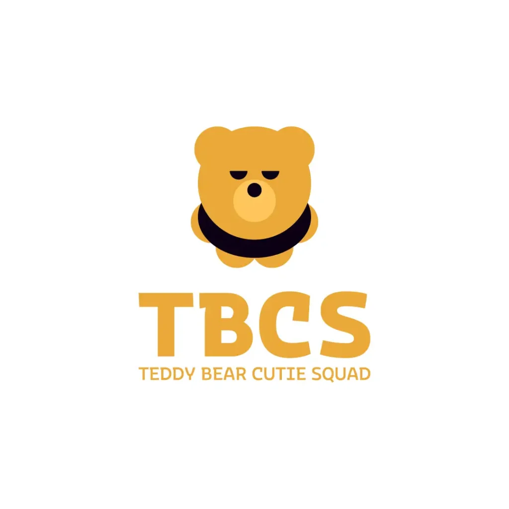 logo e logotipo geometrico del brand tbcs che raffigura un orsetto furbo arancione su fondo bianco