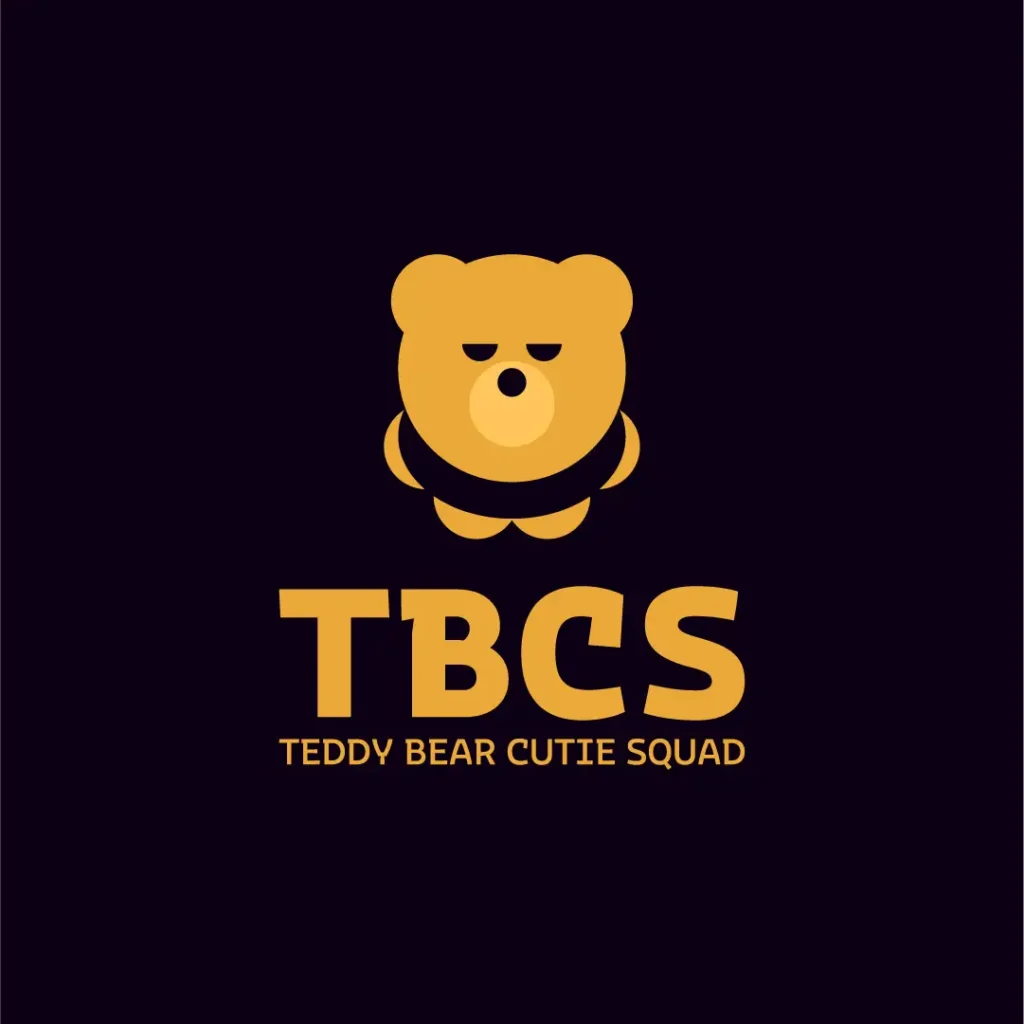 logo e logotipo geometrico del brand tbcs che raffigura un orsetto furbo arancione su fondo nero