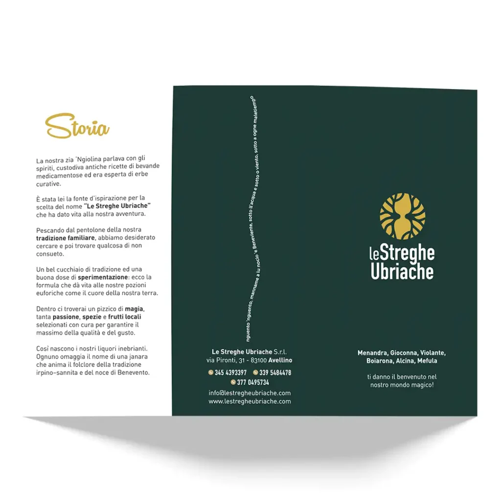 brochure stampata dei liquori delle streghe ubriache, fronte