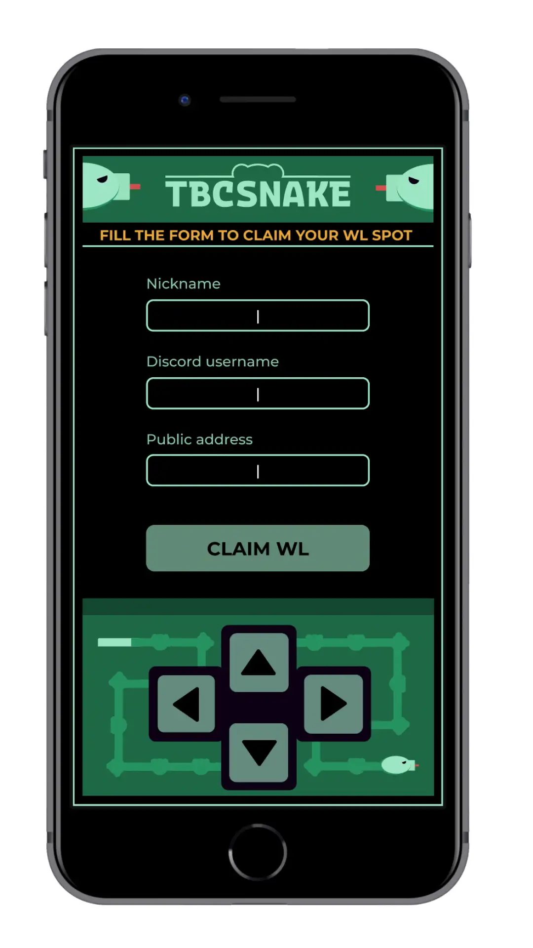 interfaccia per dispositivi mobili del gioco tbcsnake, schermata del form di contatto