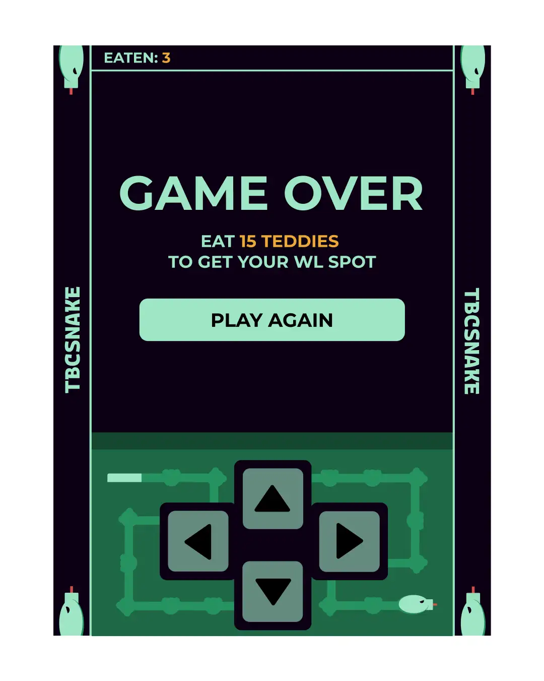 interfaccia per dispositivi mobili del gioco tbcsnake, schermata di sconfitta, in versione opensea
