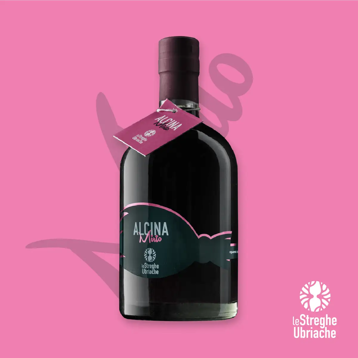 liquore al mirto con etichetta verde e marrone del brand le streghe ubriache