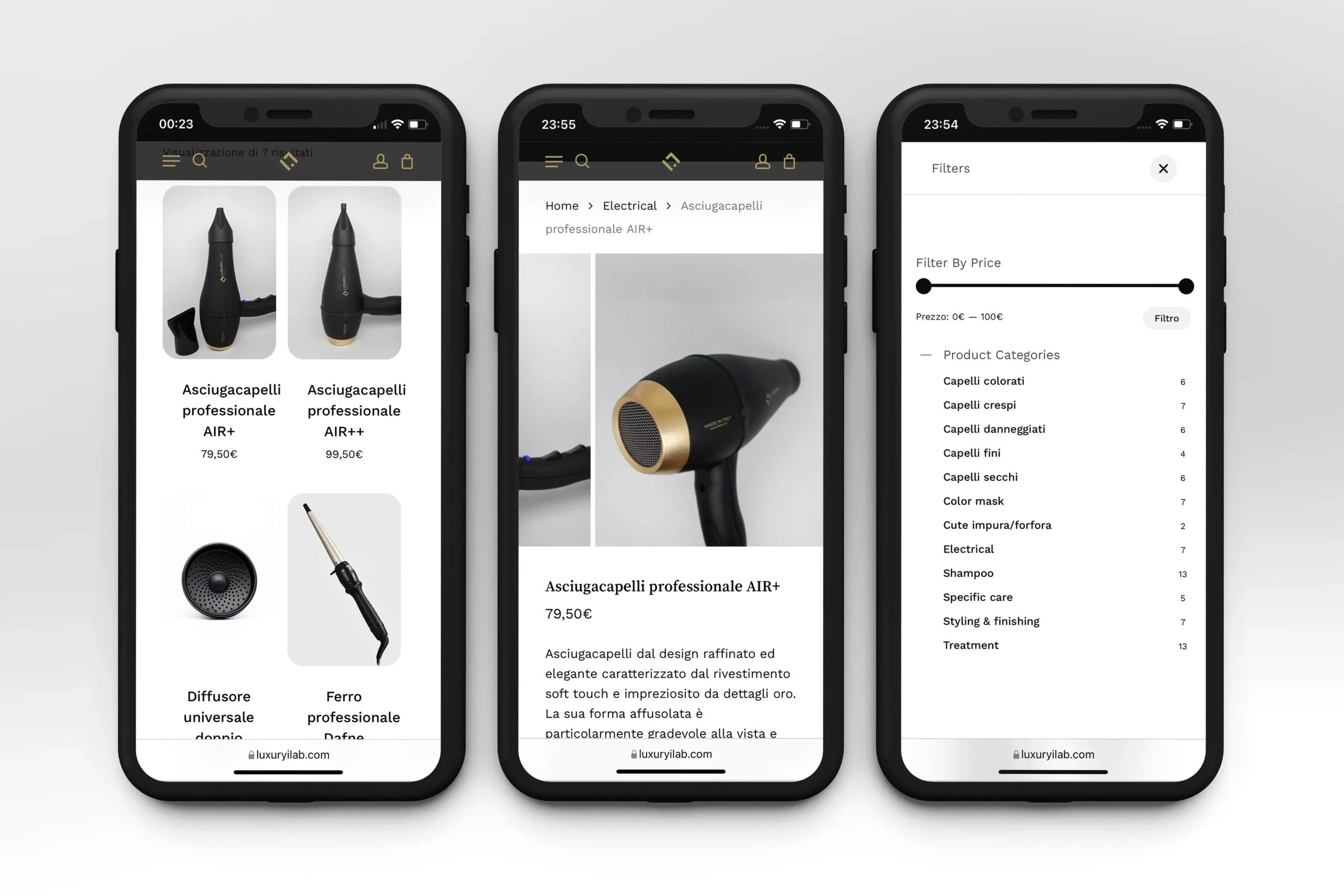 mockup delle schermate del sito luxuryilab in versione responsivd mobile