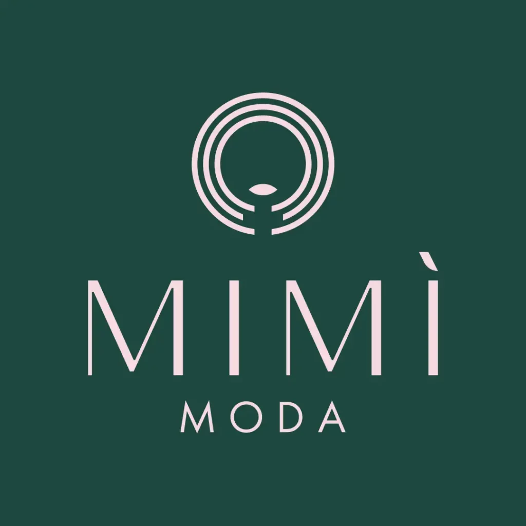 logotipo di mimìmoda rosa su fondo verde