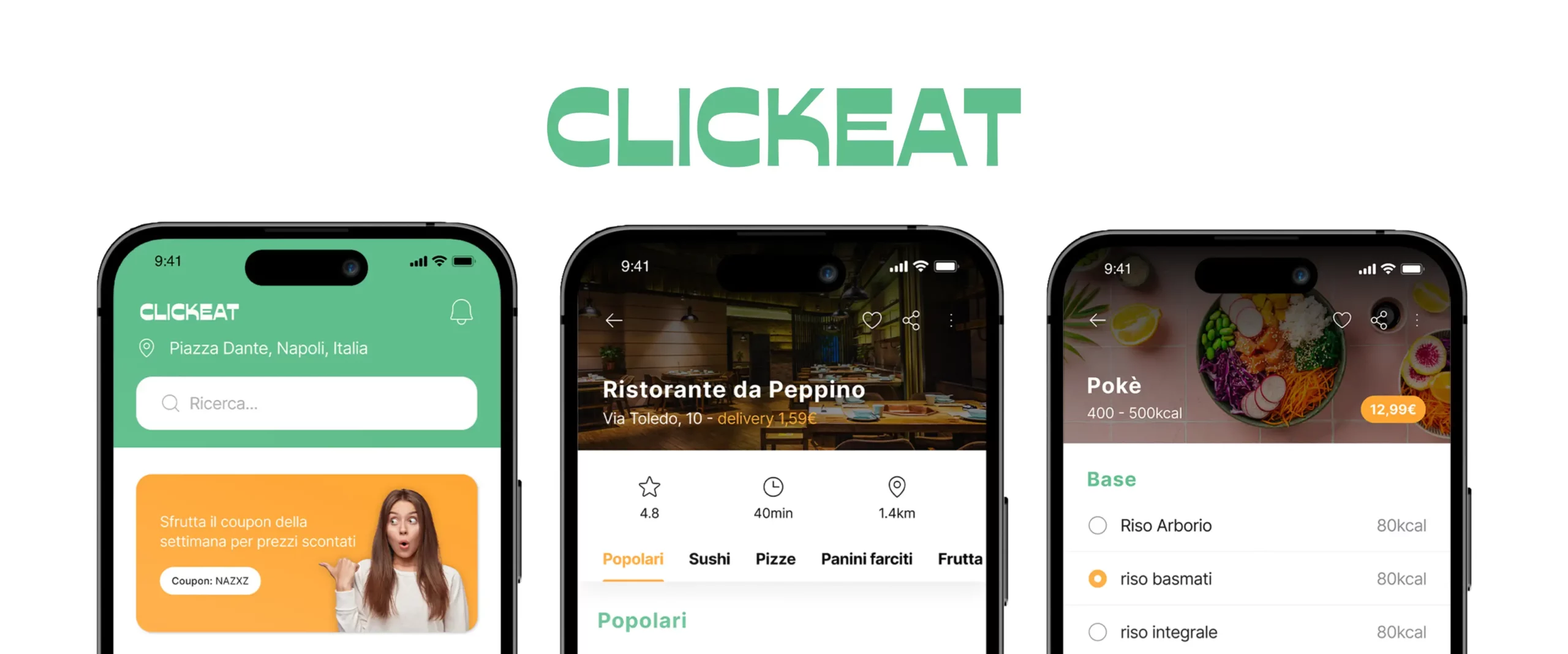 cover schermate dell'app di food delivery clickeat