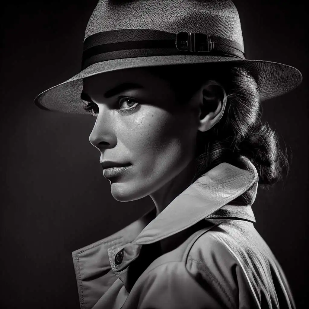 una donna detective in bianco e nero stile film