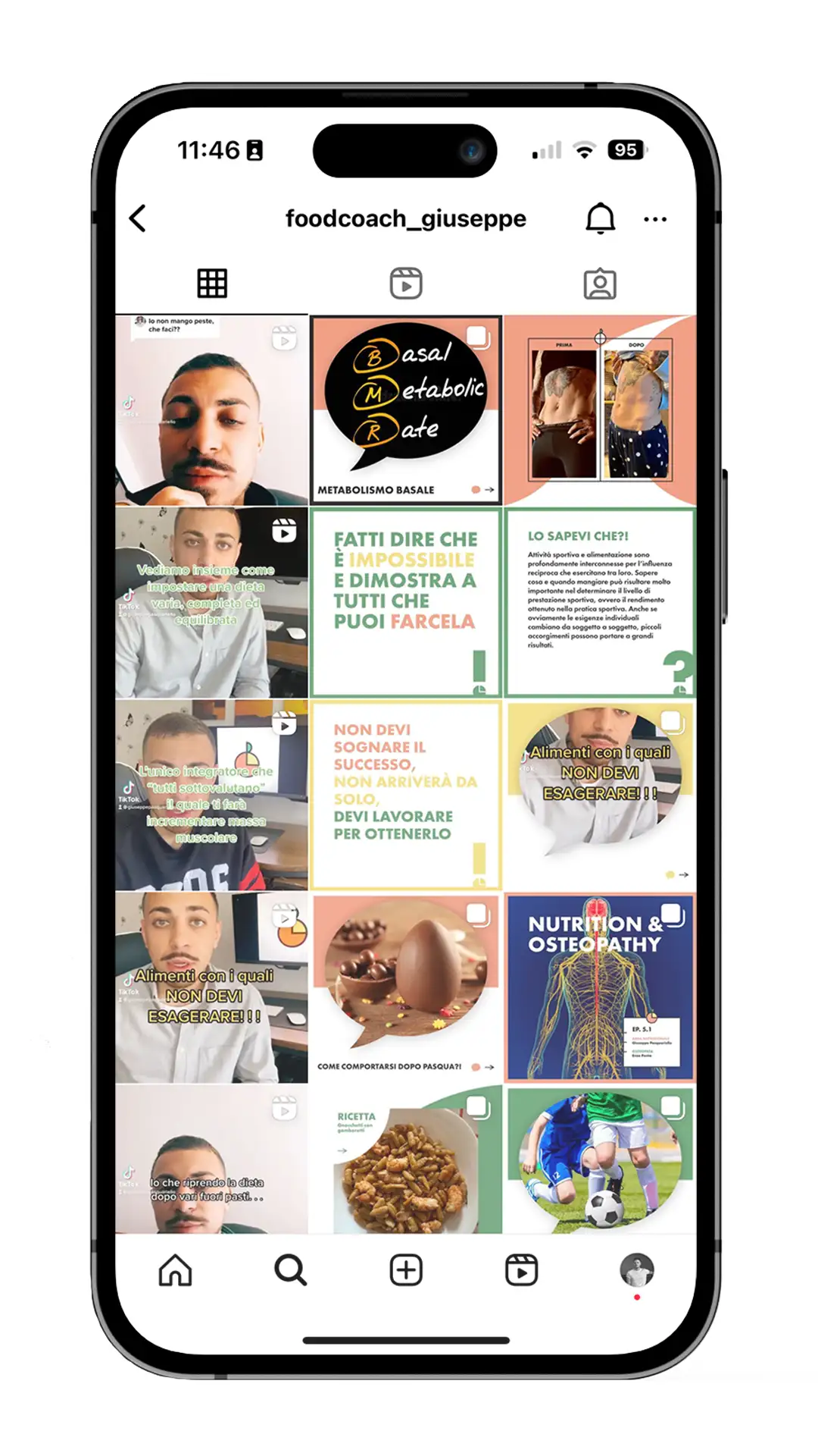 mockup del feed di instagram della pagina del nutrizionista foodcoach giuseppe pasquariello