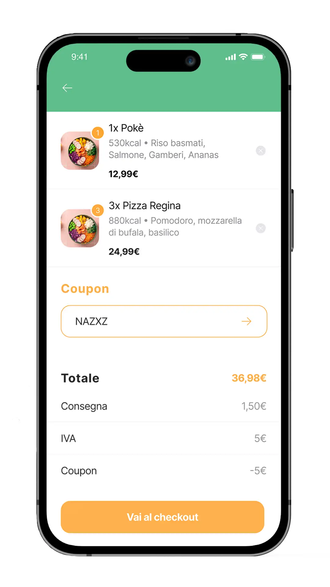 mockup della schermata carrello dell'app di food delivery clickeat