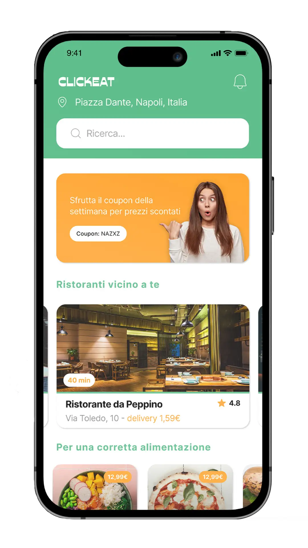 mockup dell'homepage dell'app di food delivery clickeat