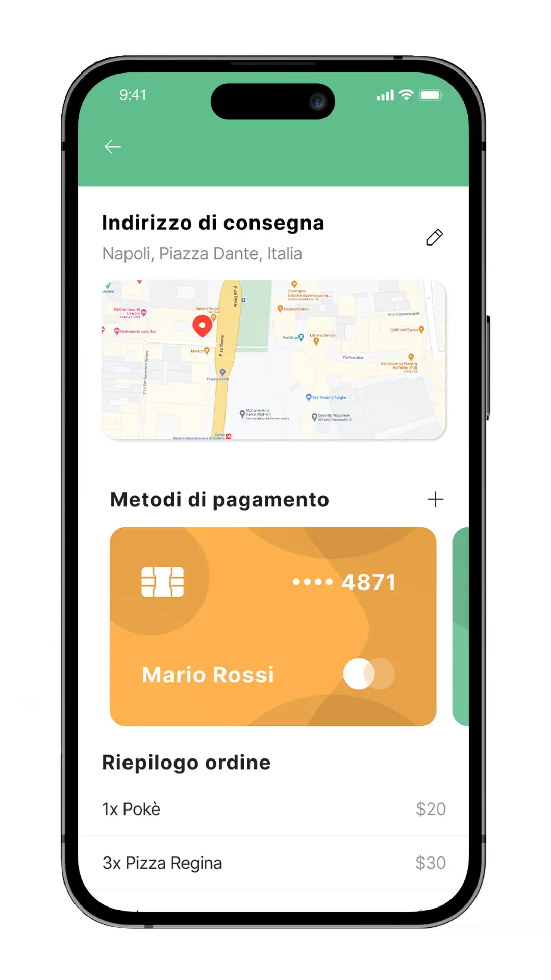 mockup della schermata metodi di pagamento dell'app di food delivery clickeat