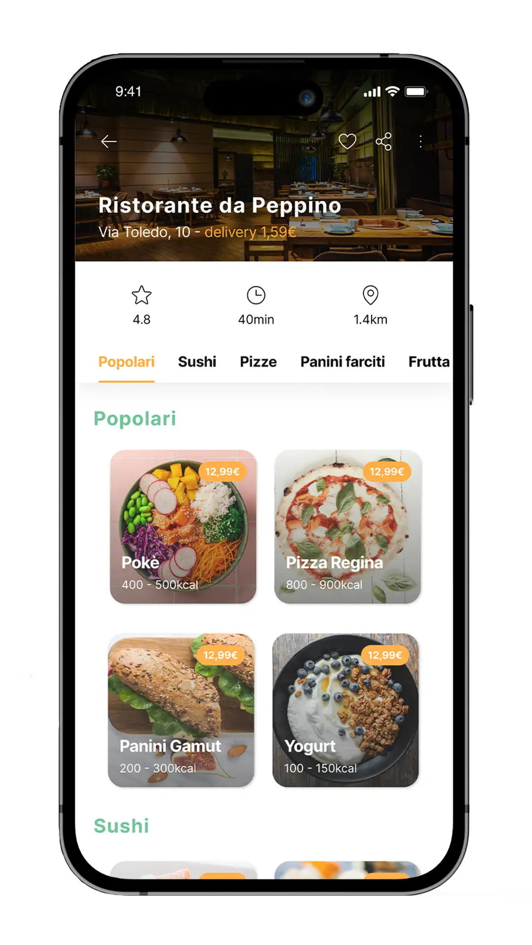 mockup della schermata ristorante dell'app di food delivery clickeat